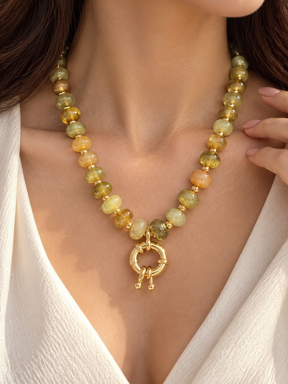 Gold Toggle Necklace with Olive and Champagne Beads